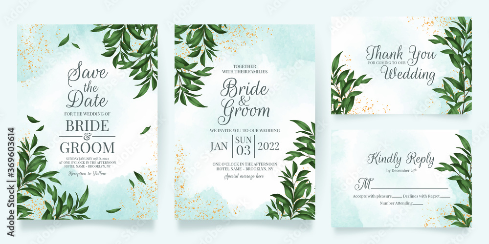 Watercolor creamy wedding invitation card template set with golden floral decoration 