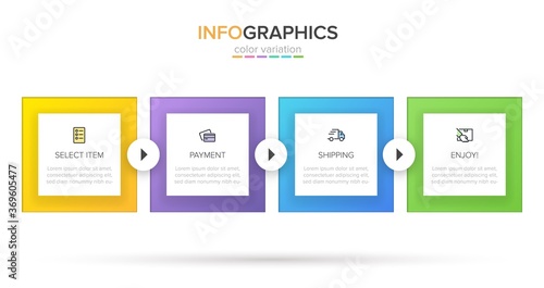 Concept of shopping process with 4 successive steps. Four colorful graphic elements. Timeline design for brochure, presentation, web site. Infographic design layout.