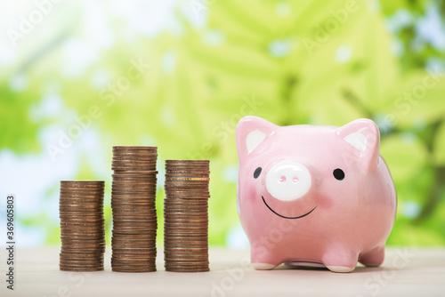 pink piggy bank and stack of coins , business and saving concept.