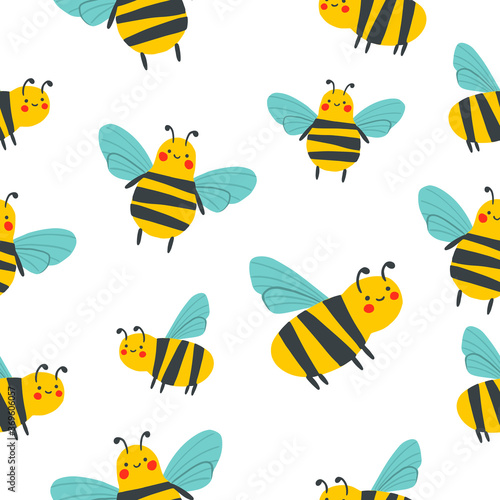 Hand drawn flat cute insect collection. Seamless pattern with bees or wasps. Cartoon vector bee or wasp illustration for childish decoration clothes, patterns, stickers, cards, fabric, textile © Annetc