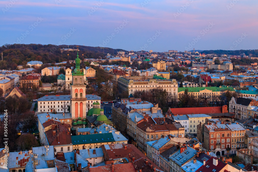 Aerial view of Assumption church and historic center of Lviv, Ukraine. Lvov cityscape. View from Lviv Town Hall