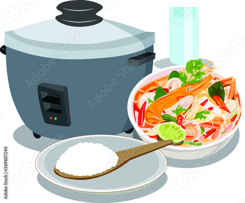 Vector illustration set food, rice, tom yum kung, glass on white background.