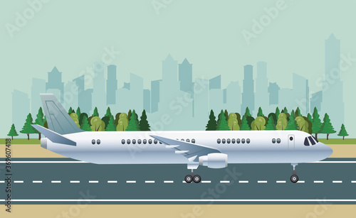 white airplane transport in the airport cityscape scene