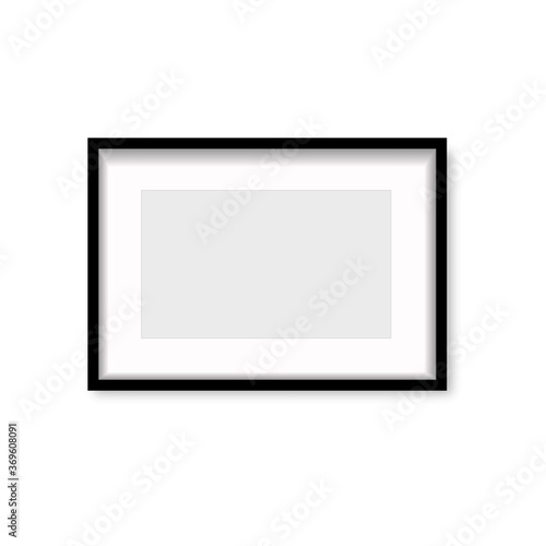 Realistic black wooden photo frame with soft shadow. Vector