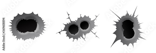Bullet double hole on white background. set of double realisic metal bullet hole, damage effect. Vector illustration.