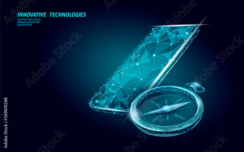 3D low poly compass. Business global international strategy concept. Journey travel direction destination banner. World exploration creative idea vector illustration
