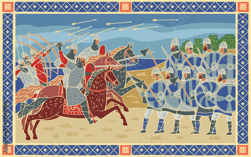 Battle of Hastings. Decorative pano. Stylized image in the form of a book medieval miniature