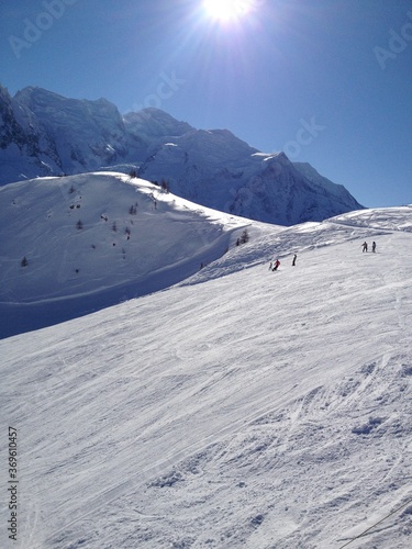 Skiers in French alps Chamonix France 