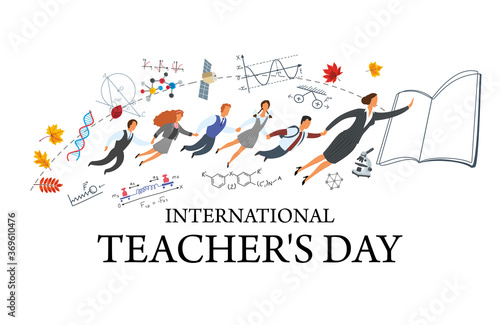 International Teacher's Day. Vector illustration. The teacher flies into the book and pulls the children with him. Allegorical image