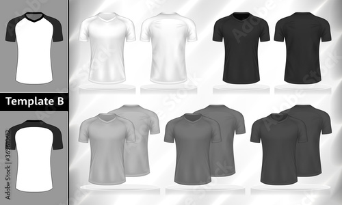 Vector editable set of monochrome T-shirts front and back view mockup for clothes use in template design illustration.White, grey and black color v-neck men's t-shirt with short sleeves isolated.