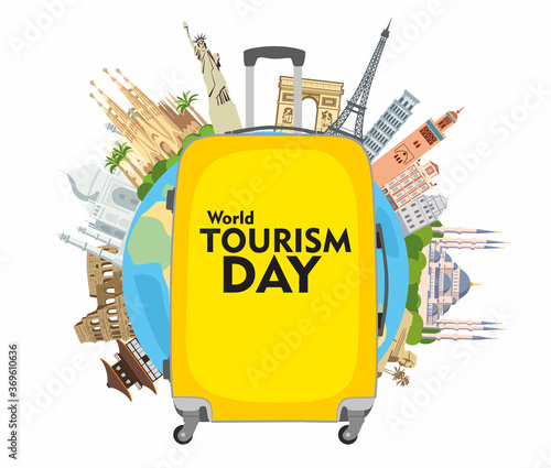 World Tourism Day. Congratulatory poster. The inscription on the yellow travel suitcase. Around the monuments of architecture. Vector graphics