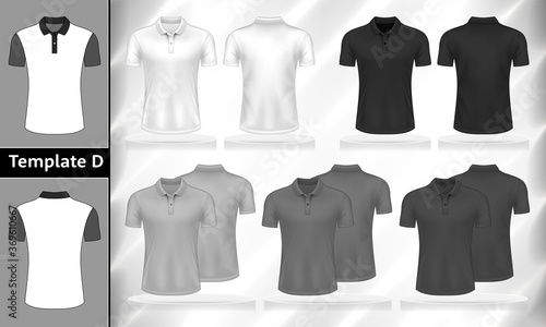 Vector set of monochrome Polo T-shirts front and back view mockup for clothes use in template design illustration.White, grey and black color men's t-shirt short sleeves isolated on background.