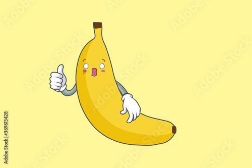 SPACED OUT, SURPRISED, SHOCKED Face Emotion. Thumb Up Hand Gesture. Banana Fruit Cartoon Drawn Mascot Illustration.