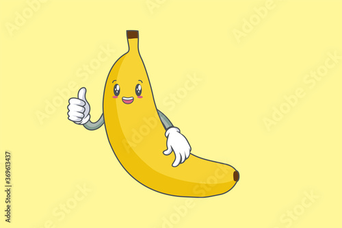 SMILING, HAPPY, cheerful Face Emotion. Thumb Up Hand Gesture. Banana Fruit Cartoon Drawn Mascot Illustration.