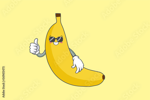 RELAXED, GLASSES, COOL Face Emotion. Thumb Up Hand Gesture. Banana Fruit Cartoon Drawn Mascot Illustration.