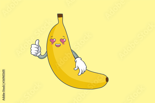 LOVELY, HAPPY, LOVING IN LOVE, HEART EYE Face Emotion. Thumb Up Hand Gesture. Banana Fruit Cartoon Drawn Mascot Illustration.