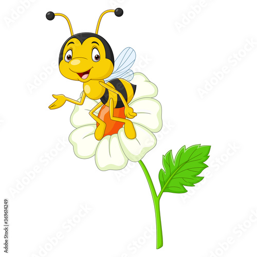 Cartoon happy bee with a flower