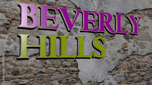 3D illustration of BEVERLY HILLS graphics and text made by metallic dice letters for the related meanings of the concept and presentations. angeles and california