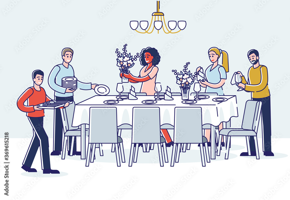 Group of people serving table for dinner. Men and women putting dishes, glasses and flowers on table Group of people serving table for dinner. Men and women putting dishes, glasses and flowers on table