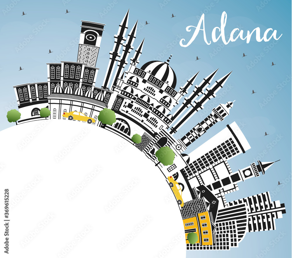 Adana Turkey City Skyline with Color Buildings, Blue Sky and Copy Space.