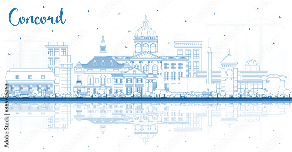 Outline Concord New Hampshire City Skyline with Blue Buildings and Reflections.