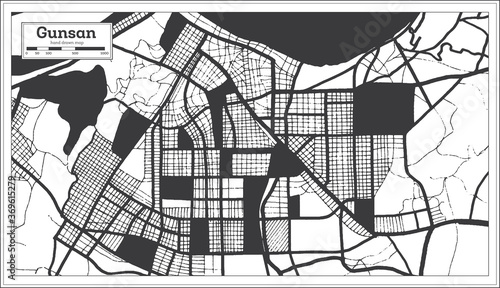 Gunsan South Korea City Map in Black and White Color in Retro Style.