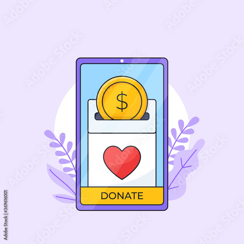 Charity Fundraising application vector outline illustration. Donation mobile app interface with gold money insert in coin hole