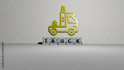 3D representation of truck with icon on the wall and text arranged by metallic cubic letters on a mirror floor for concept meaning and slideshow presentation. illustration and car photo