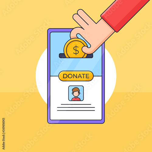 Hand put money coin in a smartphone app charity box illustration for online fundraising donation human care concept design