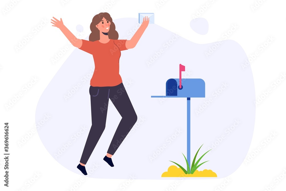 Happy woman is standing nearby mailbox and got letter. Vector illustration