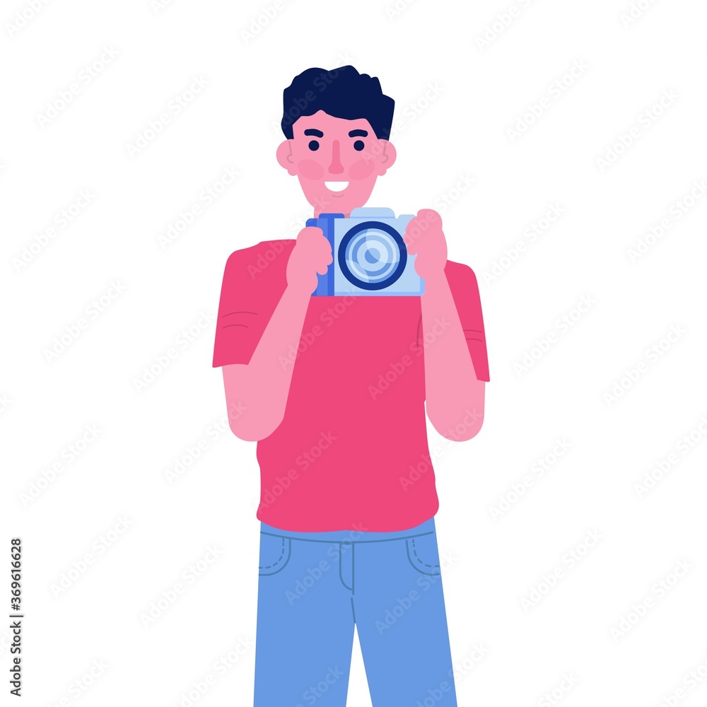 Photographer or paparazzi character, using photocamera concept. Vector flat style illustration. Photographer or paparazzi character, using photocamera concept. Vector flat style illustration.