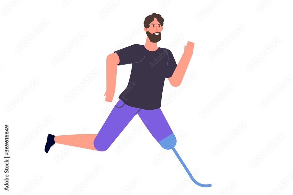 Man with prosthetic legs running. Disabled people with disabilities and prosthesis. Character witth a Bionic foot. Vector flat style illustration. Man with prosthetic legs running. Disabled people with disabilities and prosthesis. Character witth a Bionic foot. Vector flat style illustration.