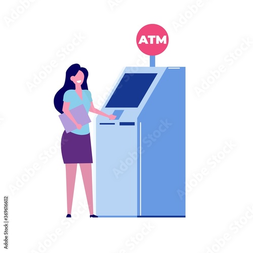 Woman standing near atm machine.Vector flat style illustration.