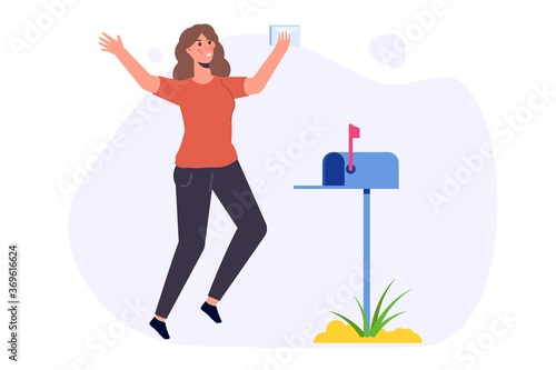 Happy woman is standing nearby mailbox and got letter. Vector illustration