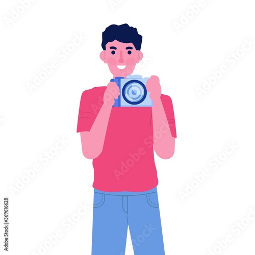 Photographer or paparazzi character, using photocamera concept. Vector flat style illustration.