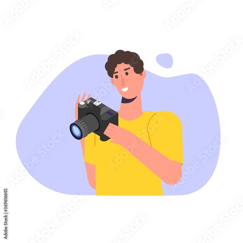 Photographer or paparazzi character, using photocamera concept. Vector flat style illustration.
