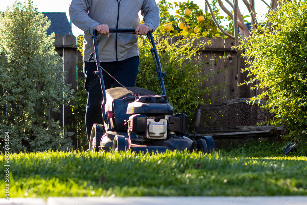 Naklejka Middle aged man mowing the overgrown grass with a lawn mower on a sunny winter afternoon.