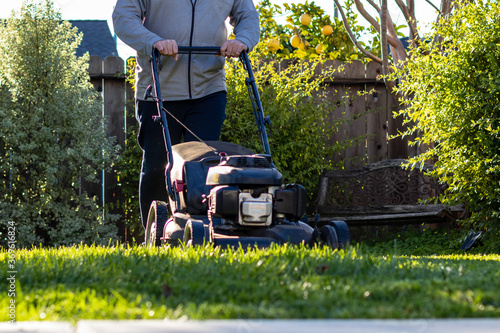 Middle aged man mowing the overgrown grass with a lawn mower on a sunny winter afternoon.