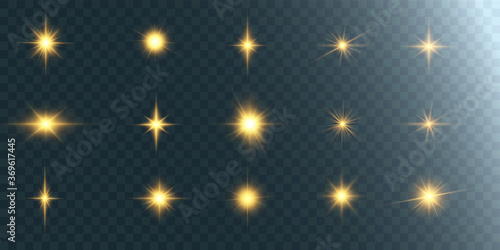 Set of flashes, Lights and Sparkles on a transparent background. Bright gold flashes and glares. Abstract golden lights isolated Bright rays of light. Glowing lines.