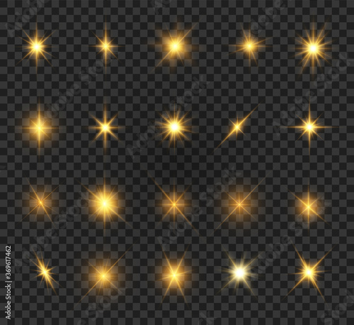 Set of flashes, Lights and Sparkles on a transparent background. Bright gold flashes and glares. Abstract golden lights isolated Bright rays of light. Glowing lines.