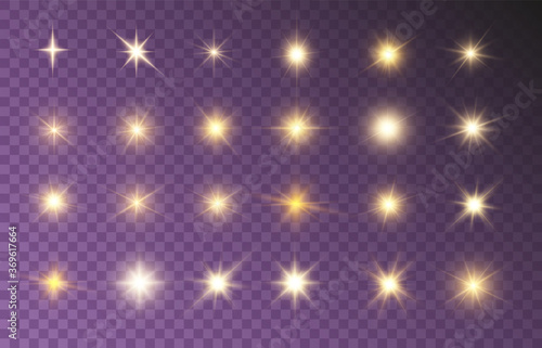 Set of flashes, Lights and Sparkles on a transparent background. Bright gold flashes and glares. Abstract golden lights isolated Bright rays of light. Glowing lines.