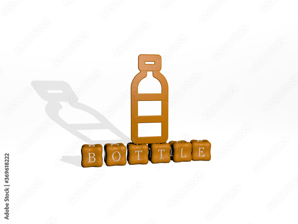 3D illustration of BOTTLE graphics and text made by metallic dice letters for the related meanings of the concept and presentations. background and glass 3D illustration of BOTTLE graphics and text made by metallic dice letters for the related meanings of the concept and presentations. background and glass