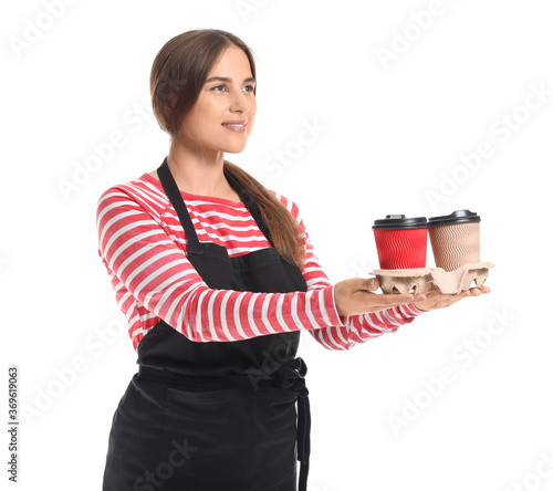 Female barista on white bac...