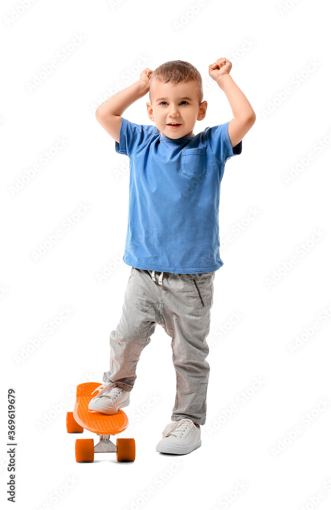Cute little boy with skateboard on white background Cute little boy with skateboard on white background