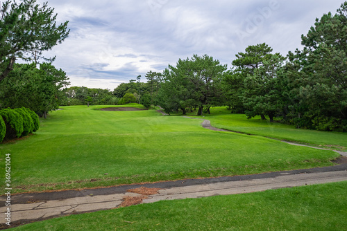 Fototapeta Naklejka Na Ścianę i Meble -  View of Golf Course with fairway field. Golf course with a rich green turf beautiful scenery.