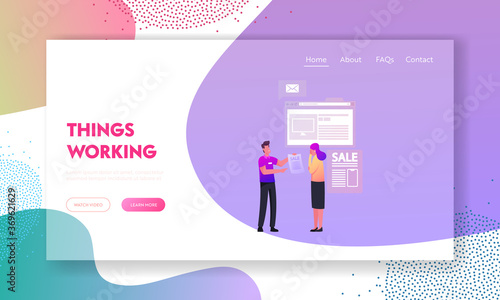 Hard Sell, Consumerism Landing Page Template. Intrusive Promoter Character Giving Invitation Flyer for Visiting Store