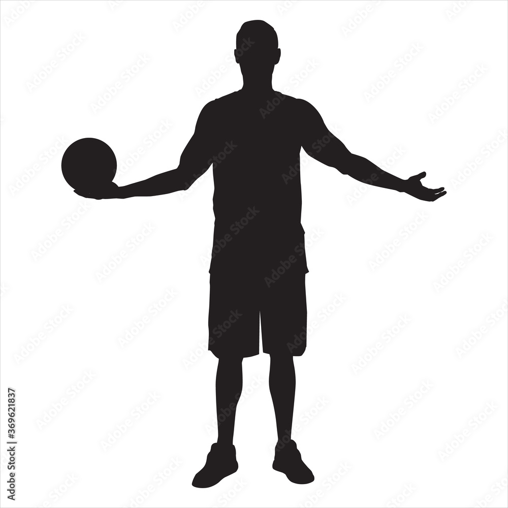 Professional basketball player silhouette standing with ball in hand, vector illustration Professional basketball player silhouette standing with ball in hand, vector illustration