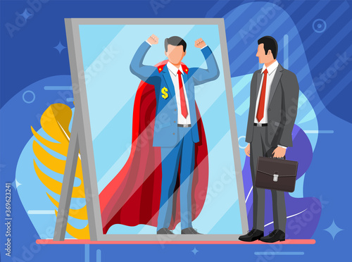 Businessman facing himself as superhero in mirror. Business ambition and success concept. Symbol of power, leadership, courage, bravery. Achievement and goal. Flat vector illustration