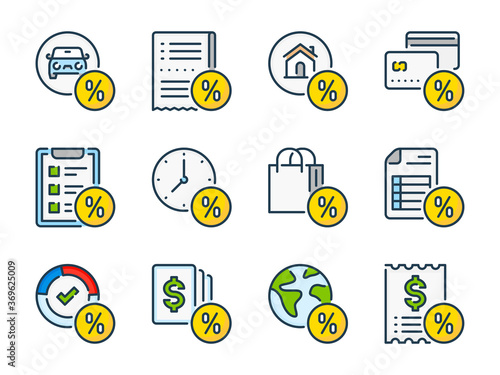 Loan and Debt related vector color line icon set. Fees and Discount colorful icons. Tax icon collection.