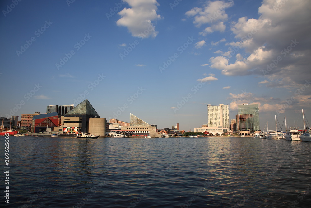 View of Baltimore Inner Harbor skyline in Baltimore, Maryland USA